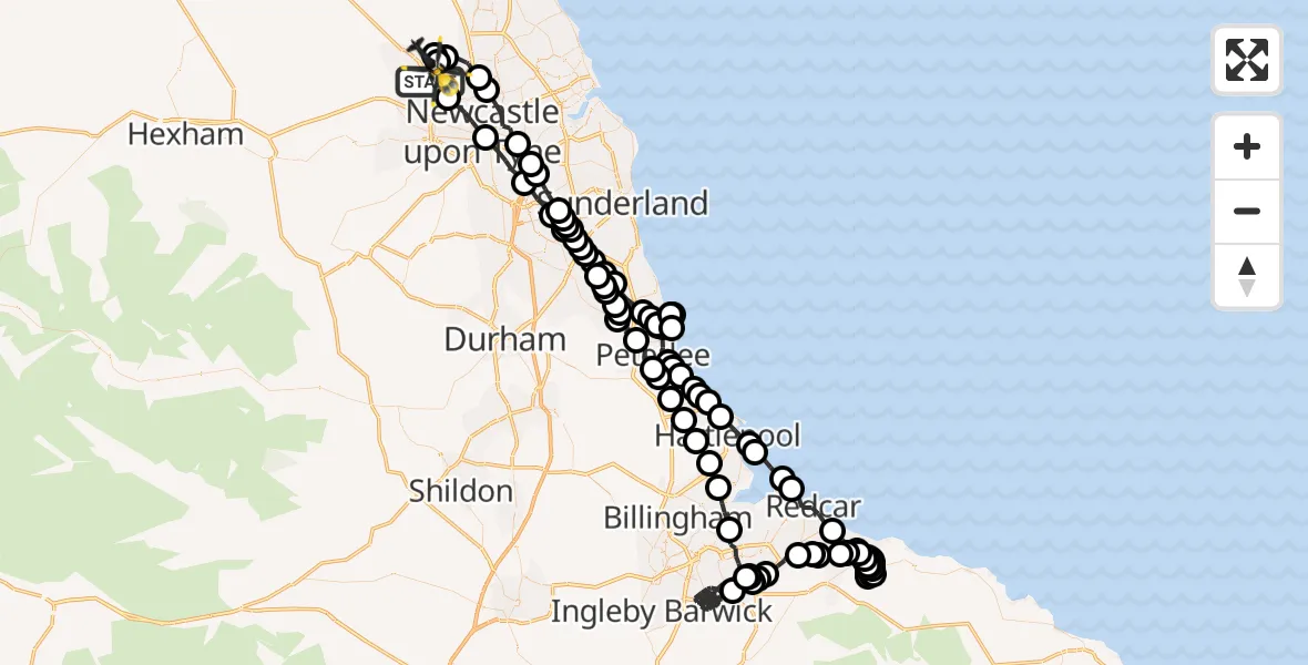 Flight path map showing Police Helicopter route from Newcastle upon Tyne to Newcastle International Airport