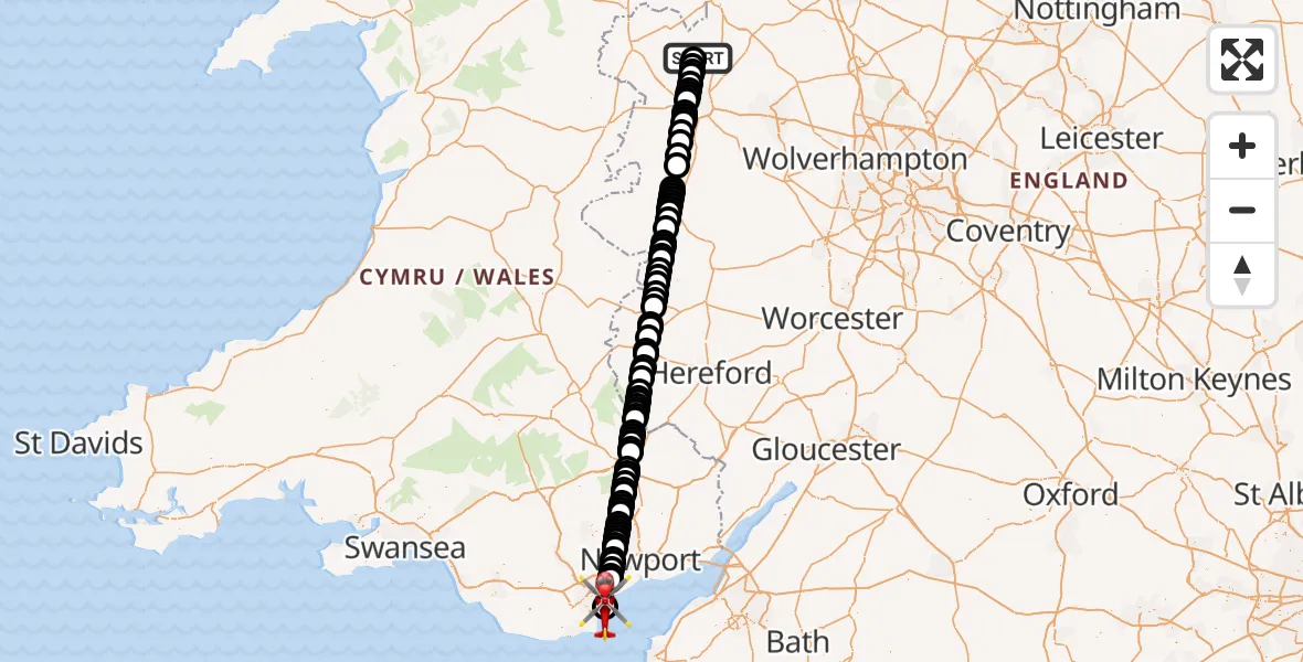 Flight path map showing Air Ambulance Helicopter route from Sleap Airfield to Cardiff Heliport