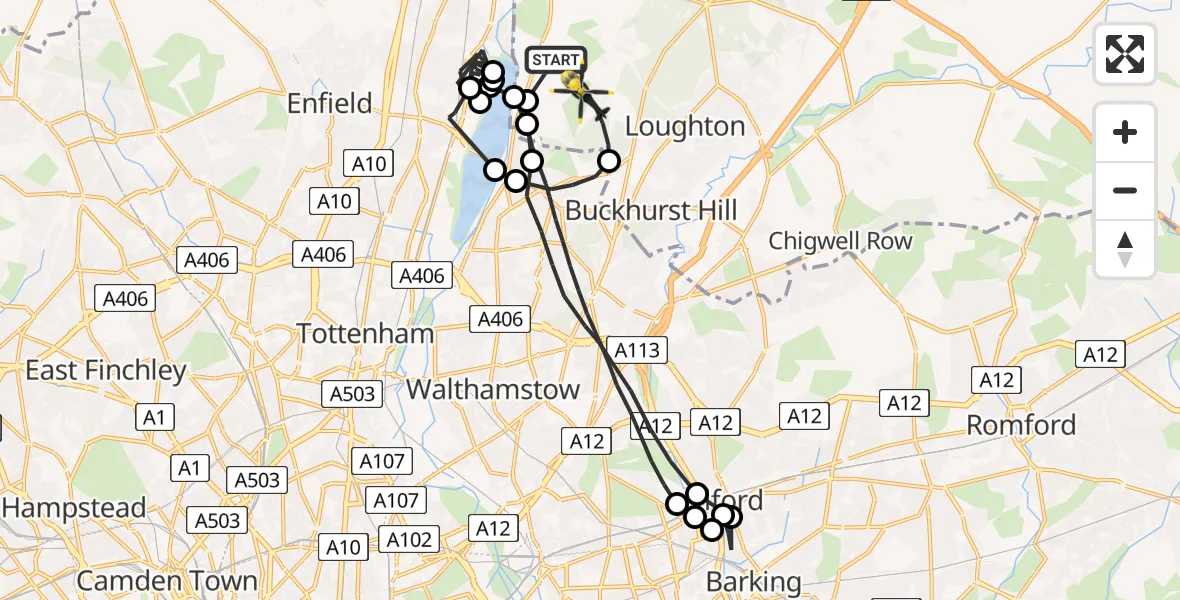 Flight path map showing Police Helicopter route from Epping Forest to Metropolitan Police Air Support Unit Lippitts Hill