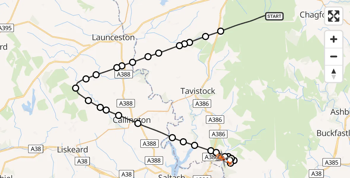 Flight path map showing Coastguard Helicopter route from West Devon to Bickleigh