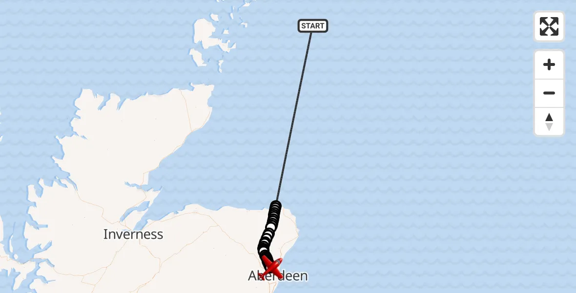 Flight path map showing Air Ambulance Aircraft route from North Sea to Aberdeen International Airport