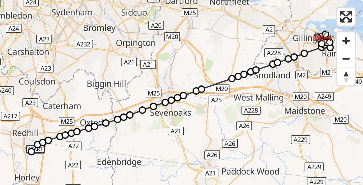 Flight path map showing Air Ambulance Helicopter route from Redhill Aerodrome to Rainham