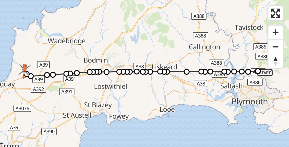 Flight path map showing Coastguard Helicopter route from Bickleigh to Cornwall Airport Newquay