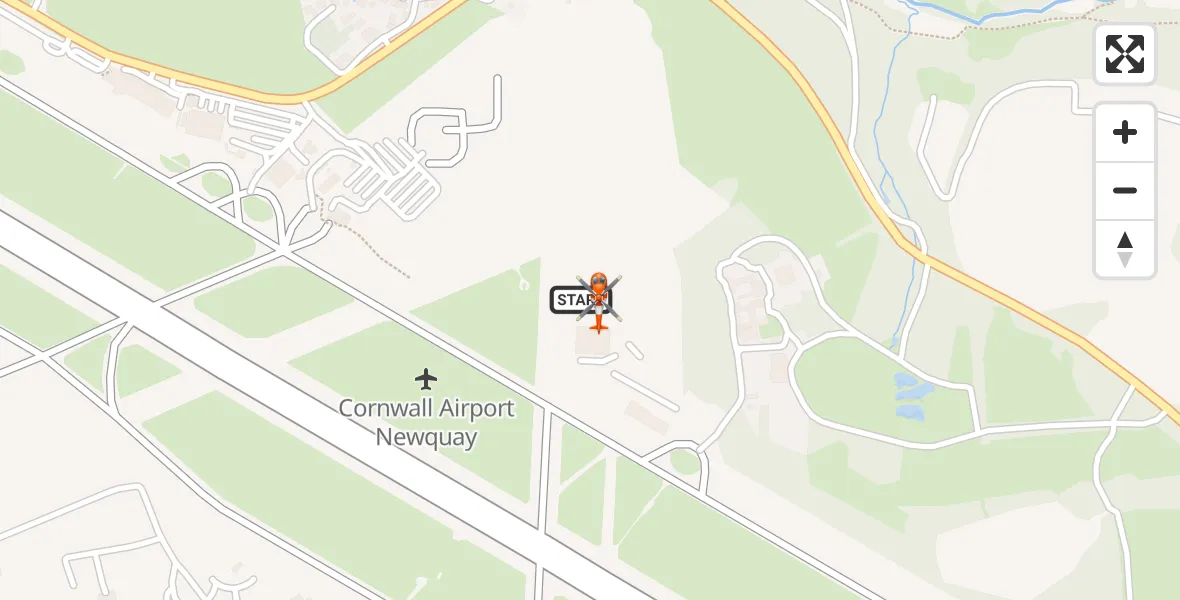 Flight path map showing Coastguard Helicopter route from Cornwall Airport Newquay to Cornwall Airport Newquay