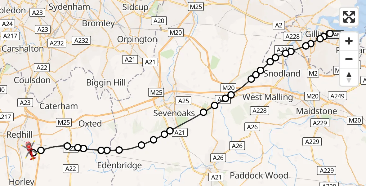 Flight path map showing Air Ambulance Helicopter route from Rainham to Redhill Aerodrome