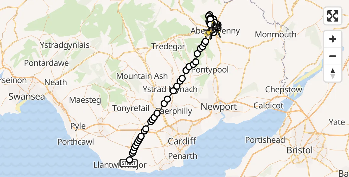 Flight path map showing Police Helicopter route from MOD St Athan to Govilon