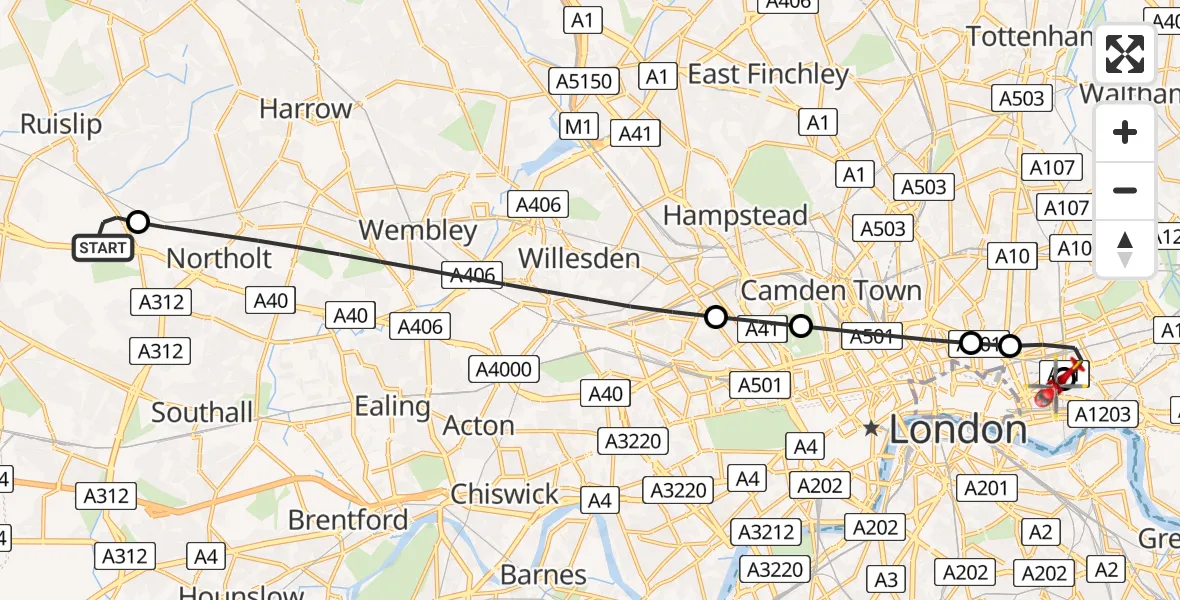 Flight path map showing Air Ambulance Helicopter route from RAF Northolt to Royal London Hospital