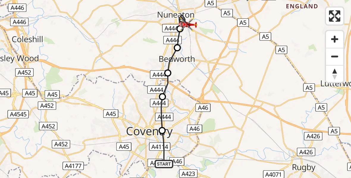 Flight path map showing Air Ambulance Helicopter route from Coventry to Nuneaton