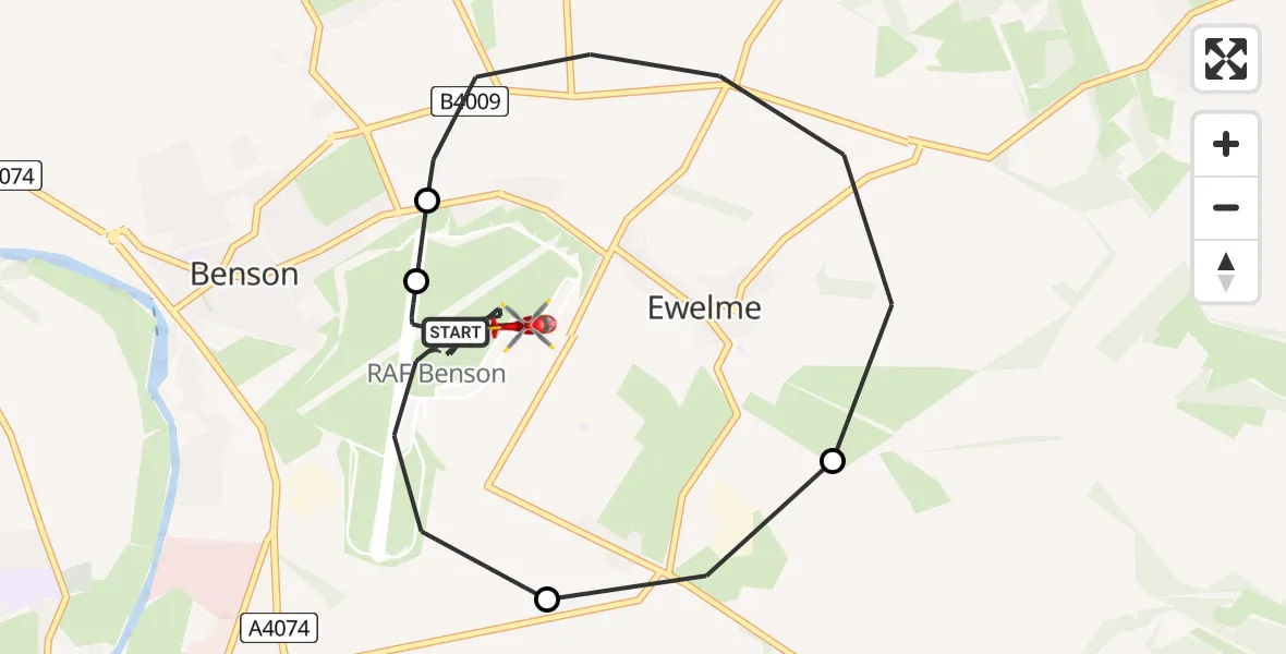 Flight path map showing Air Ambulance Helicopter route from RAF Benson to RAF Benson