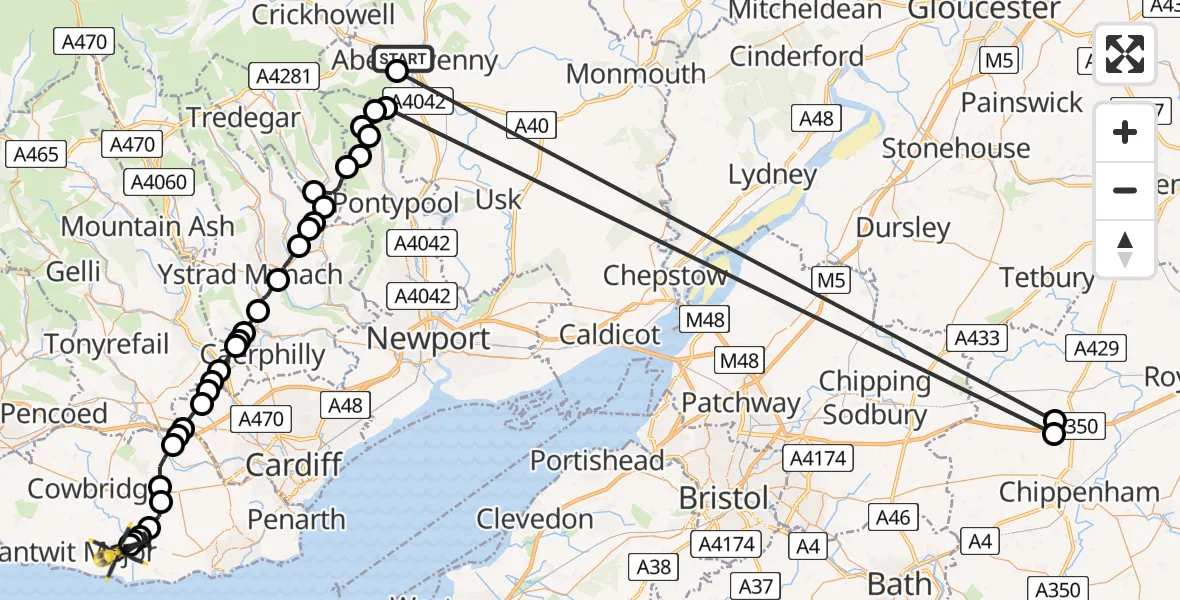 Flight path map showing Police Helicopter route from Abergavenny to Flemingston