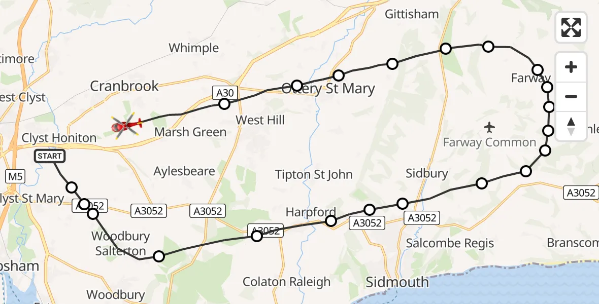 Flight path map showing Air Ambulance Helicopter route from Clyst St Mary to Rockbeare