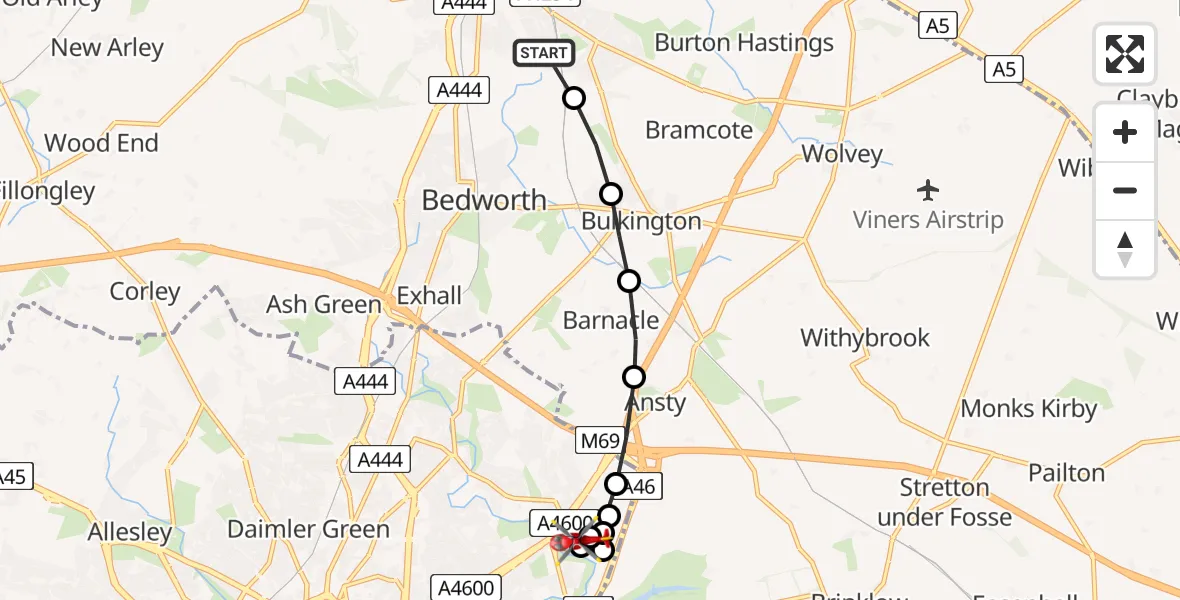 Flight path map showing Air Ambulance Helicopter route from Nuneaton to University Hospital Coventry