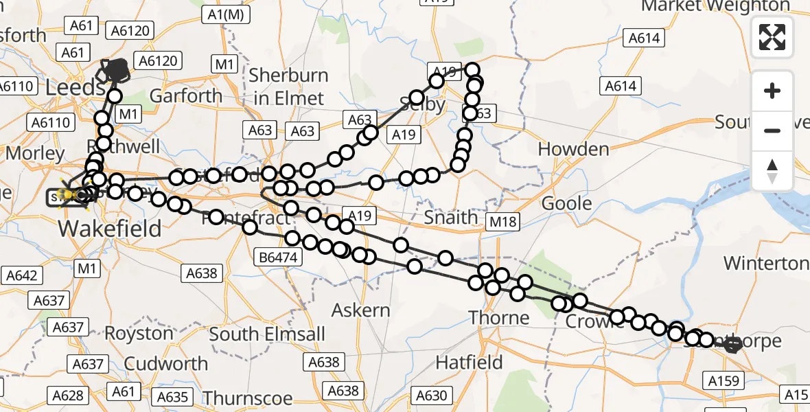 Flight path map showing Police Helicopter route from East Ardsley to East Ardsley