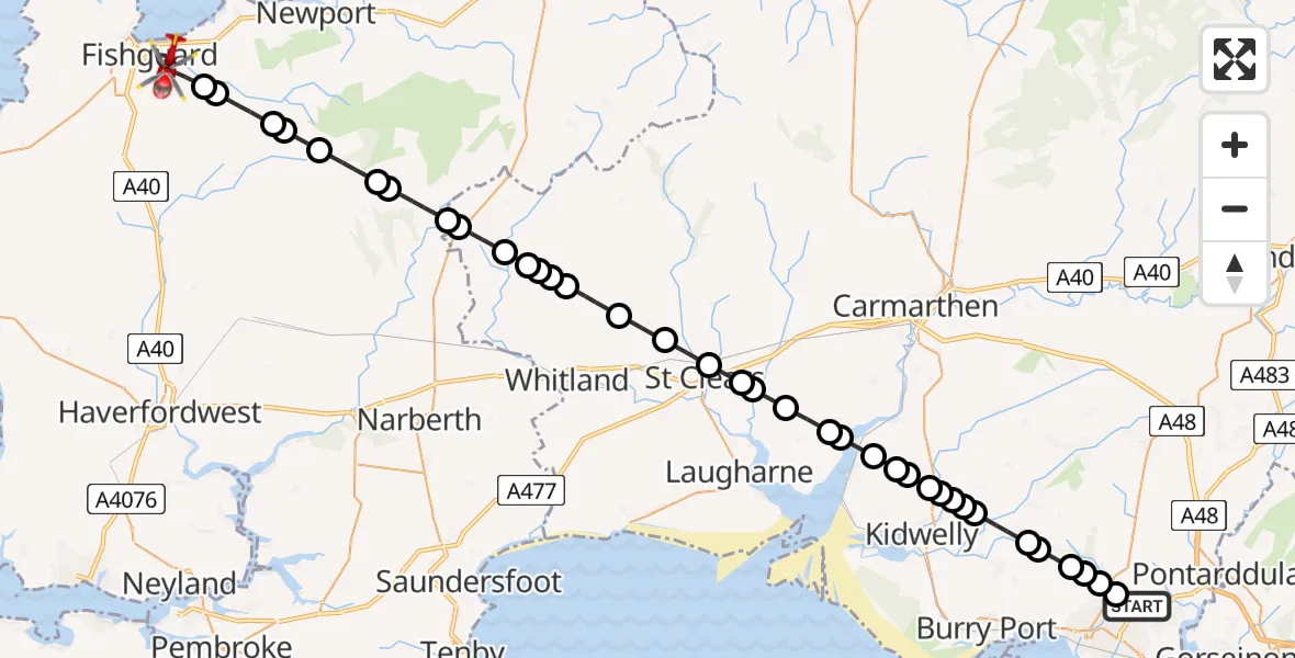 Flight path map showing Air Ambulance Helicopter route from Dafen to Fishguard