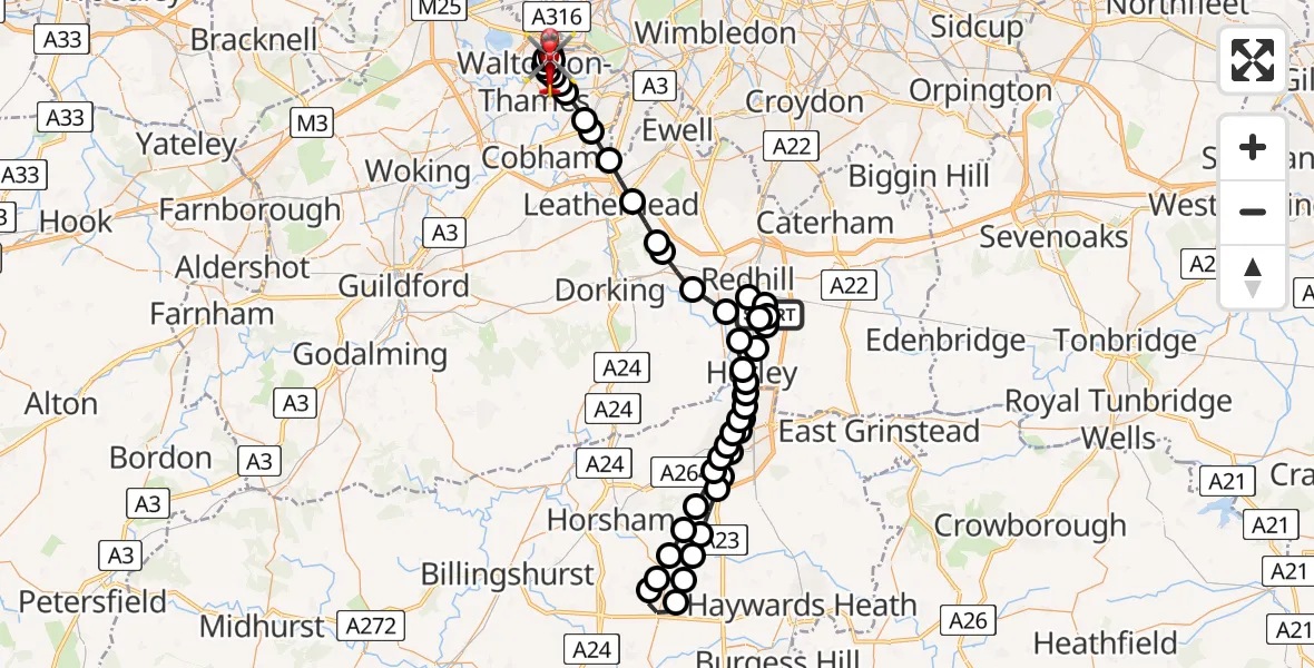 Flight path map showing Air Ambulance Helicopter route from Redhill Aerodrome to Elmbridge