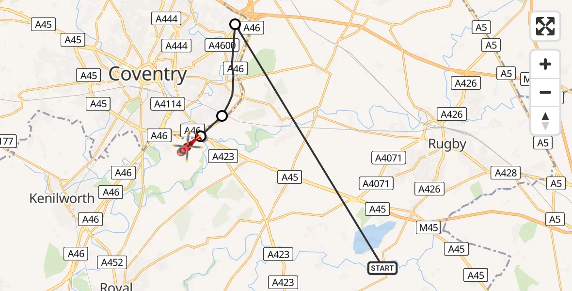 Flight path map showing Air Ambulance Helicopter route from Leamington Hastings CP to Coventry Airport