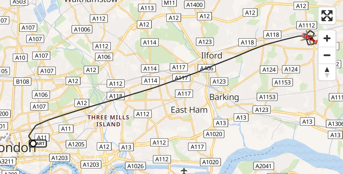 Flight path map showing Air Ambulance Helicopter route from Royal London Hospital to Greater London