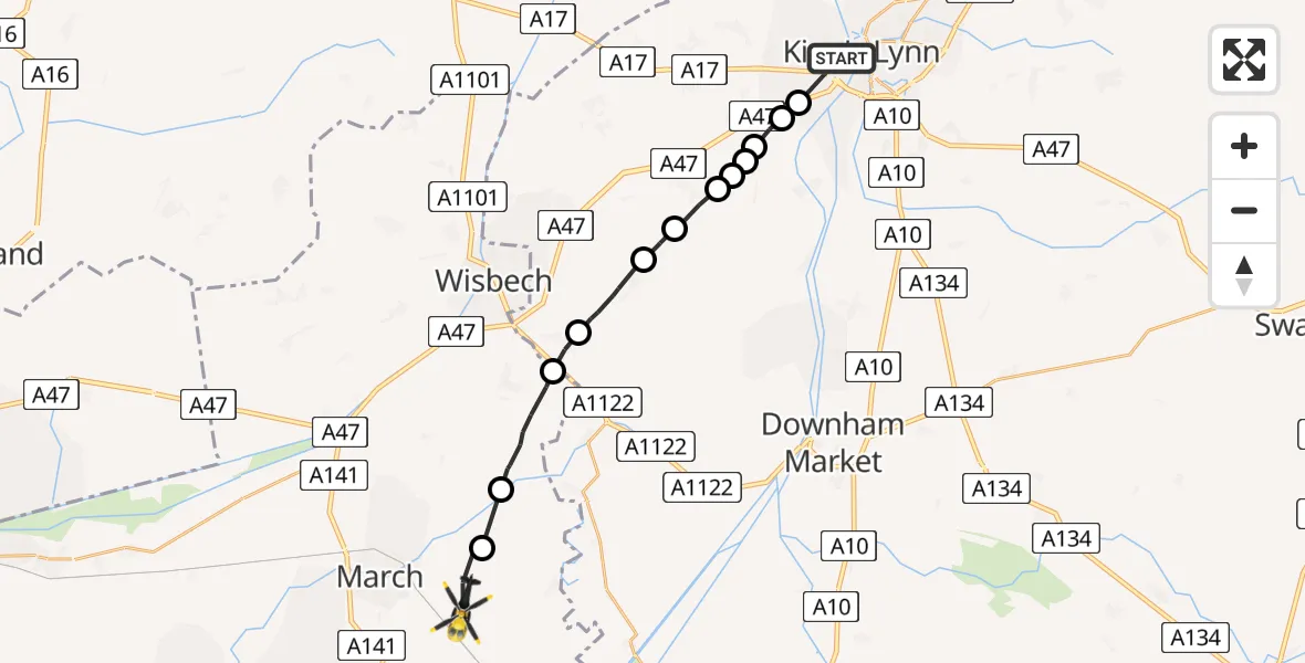 Routekaart van de vlucht: Police Helicopter to March, Upwell Road