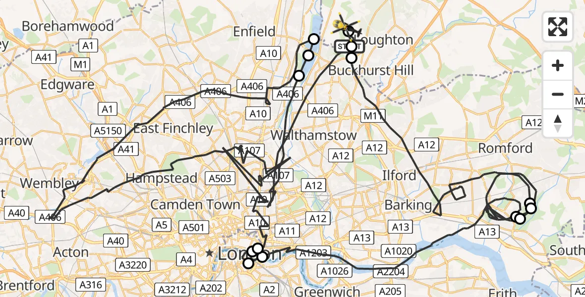 Flight path map showing Police Helicopter route from Sewardstonebury to Metropolitan Police Air Support Unit Lippitts Hill