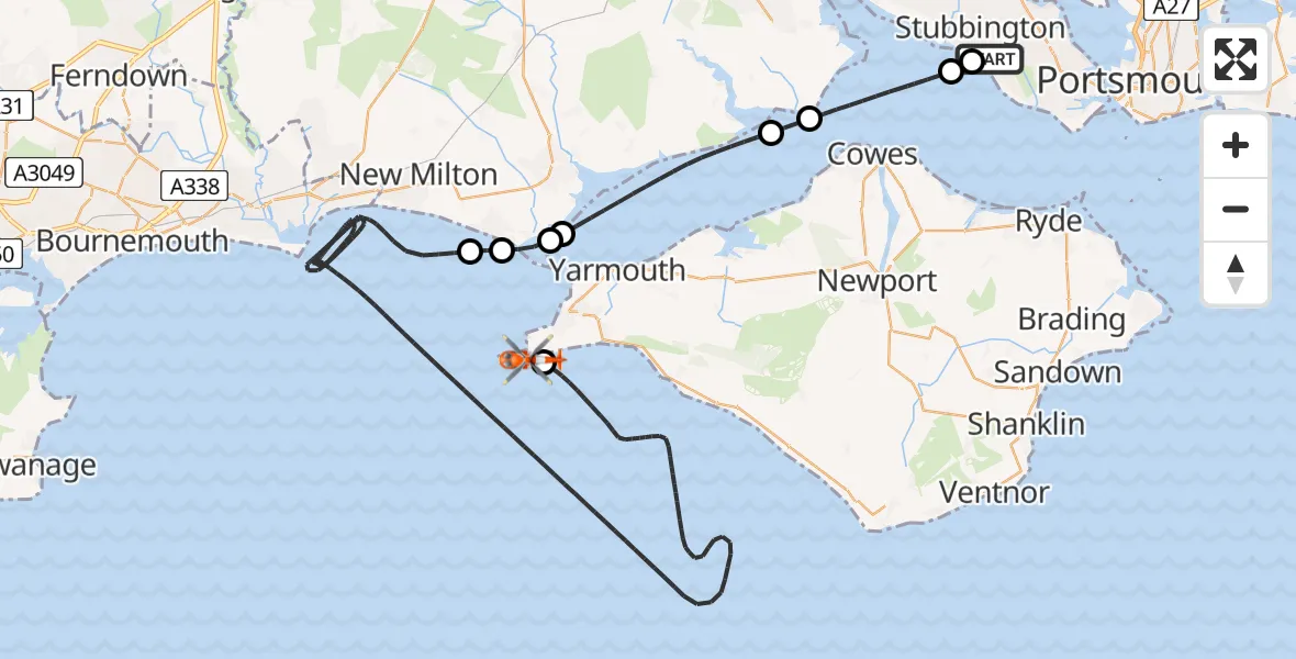 Flight path map showing Coastguard Helicopter route from Solent Airport to Totland