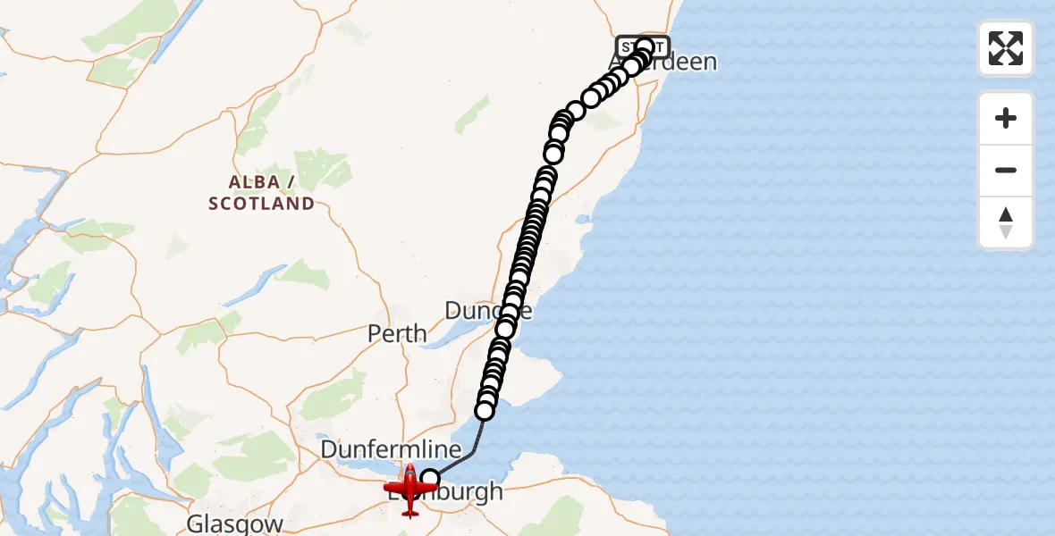 Flight path map showing Air Ambulance Aircraft route from Aberdeen International Airport to Edinburgh Airport