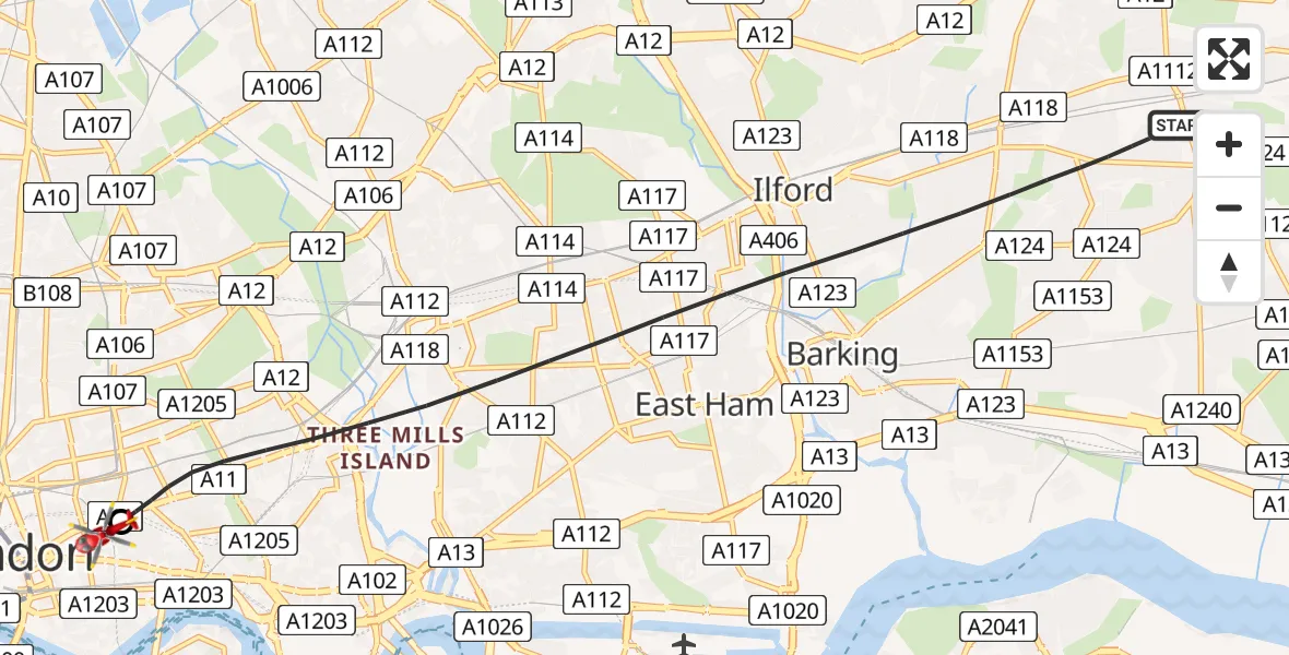 Flight path map showing Air Ambulance Helicopter route from Greater London to Royal London Hospital