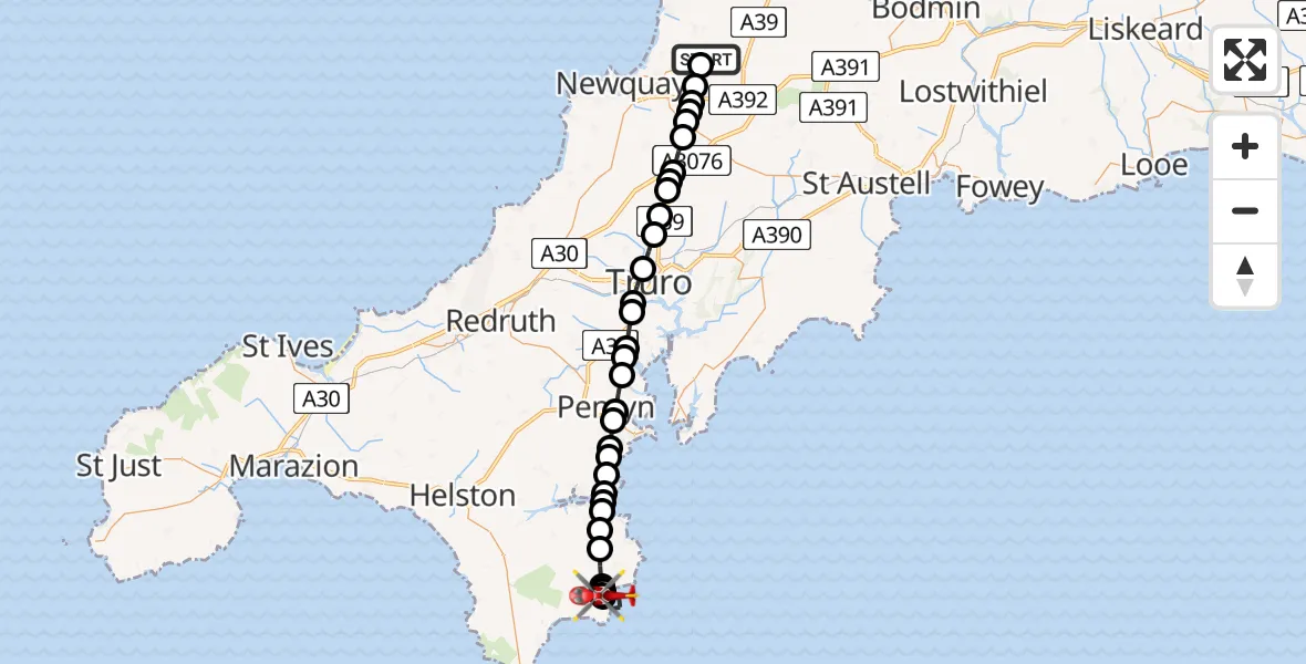 Flight path map showing Air Ambulance Helicopter route from Cornwall Airport Newquay to Coverack