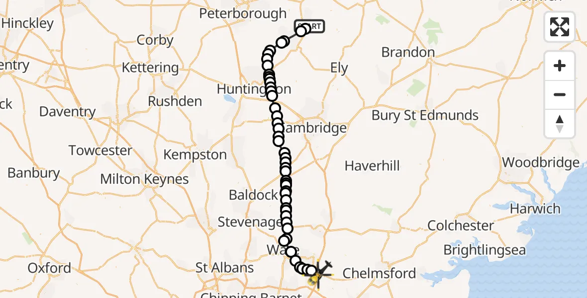 Flight path map showing Police Helicopter route from March to North Weald Bassett