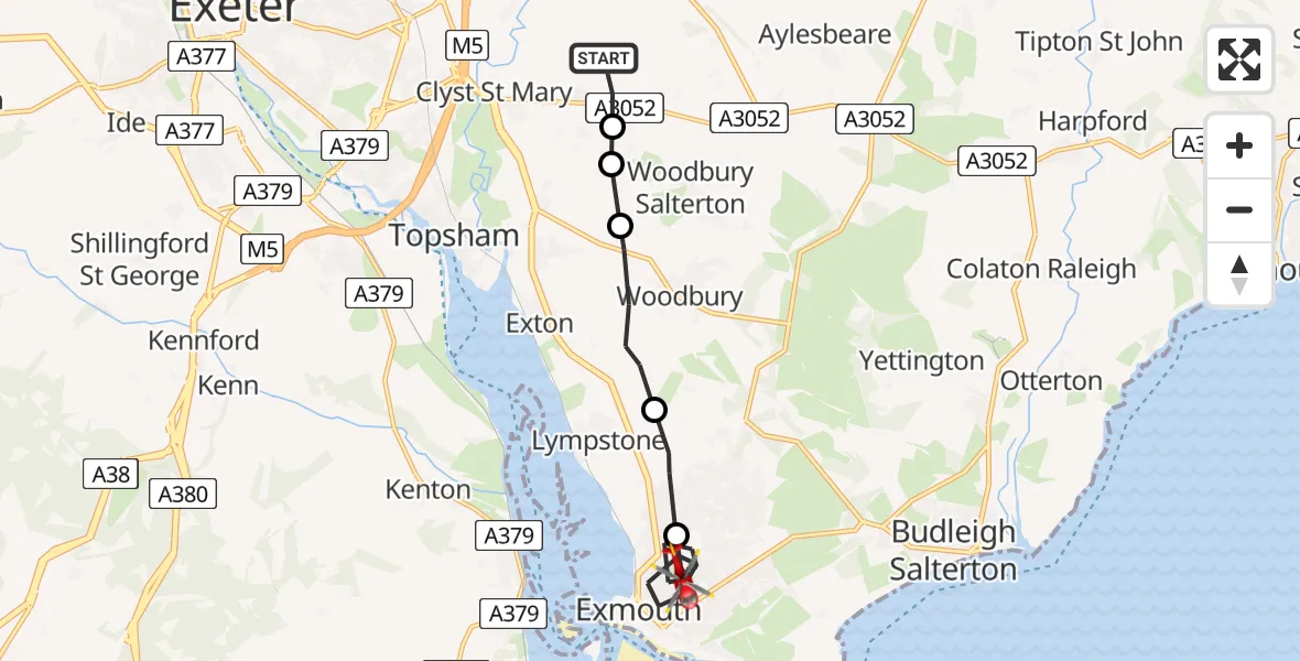 Flight path map showing Air Ambulance Helicopter route from Clyst Honiton to Exmouth
