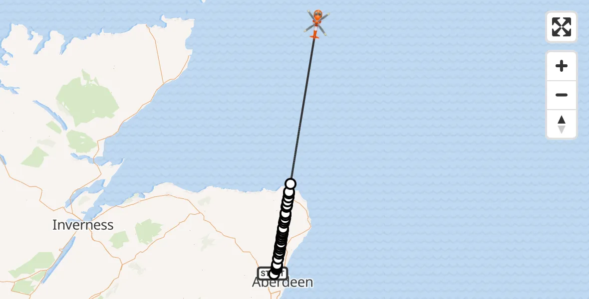 Flight path map showing Coastguard Helicopter route from Aberdeen International Airport to North Sea