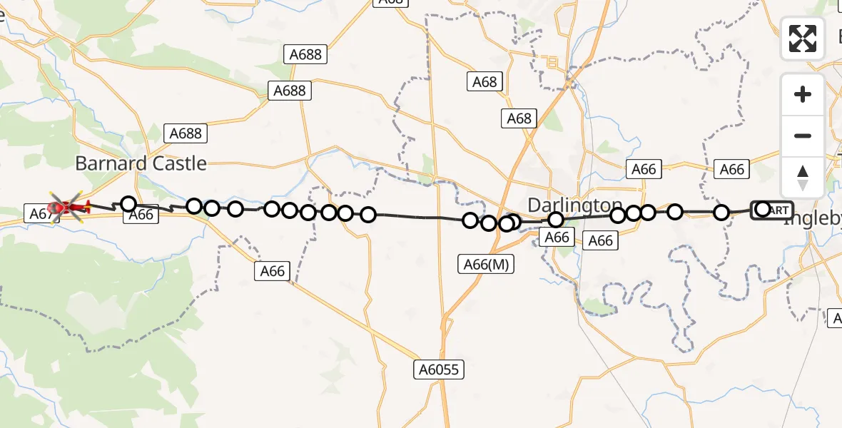 Flight path map showing Air Ambulance Helicopter route from Aislaby to Bowes