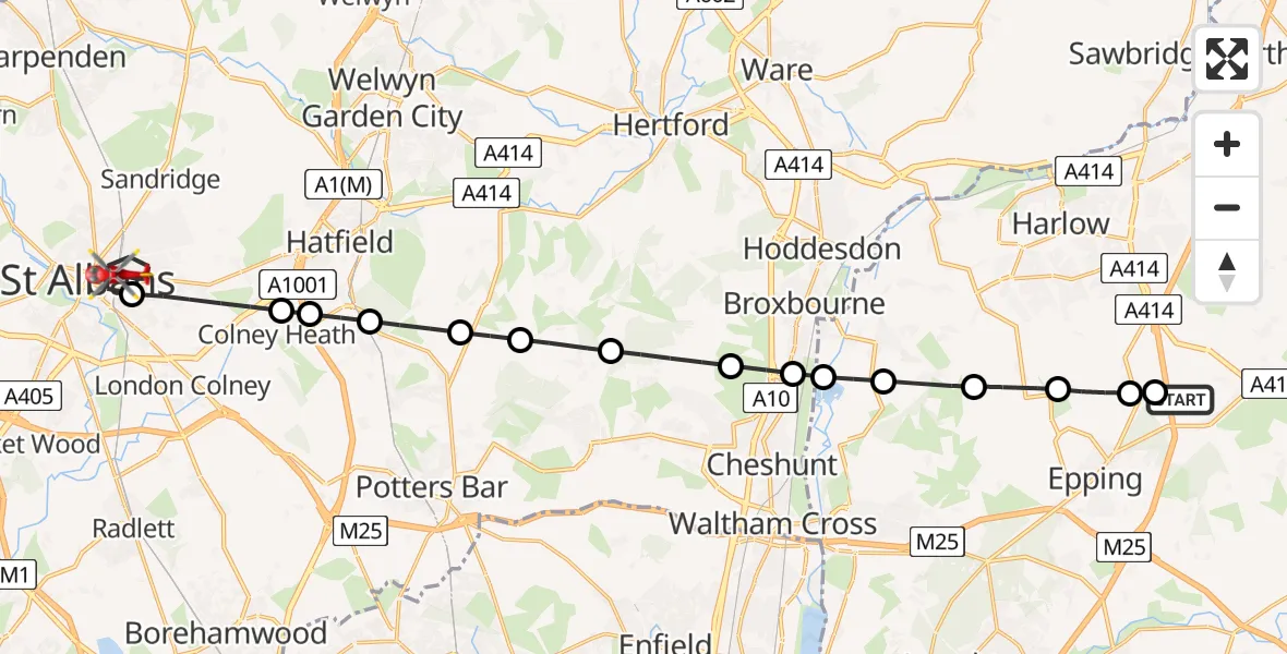 Flight path map showing Air Ambulance Helicopter route from North Weald Airfield to St Albans