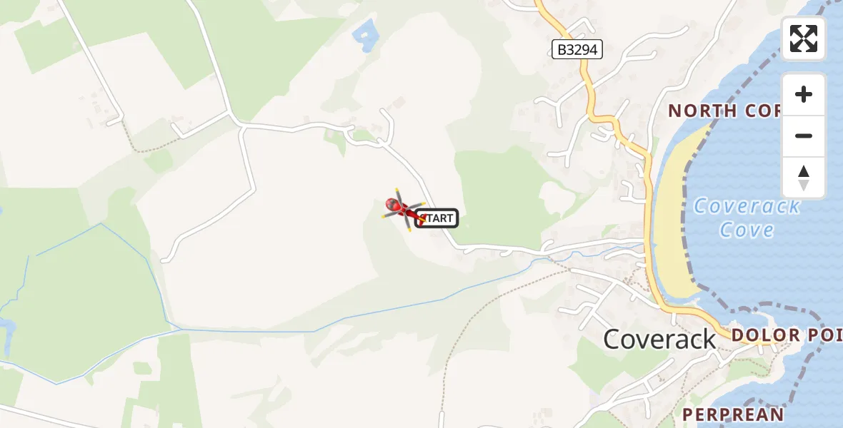 Flight path map showing Air Ambulance Helicopter route from Coverack to Coverack