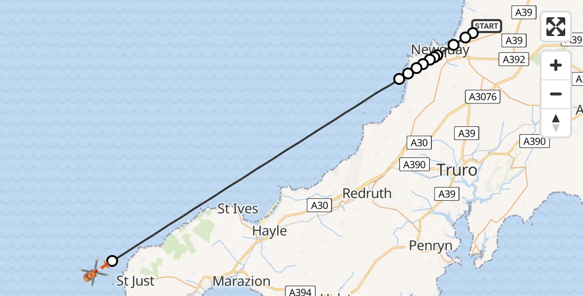 Flight path map showing Coastguard Helicopter route from Cornwall Airport Newquay to North Atlantic Ocean