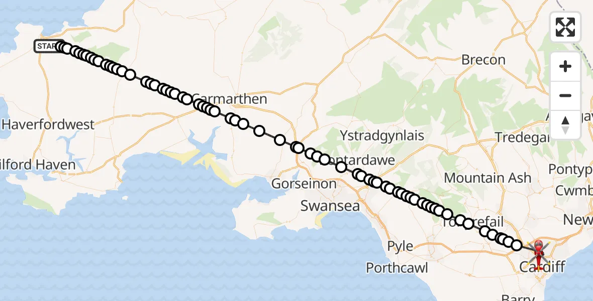 Routekaart van de vlucht: Air Ambulance Helicopter to Cardiff, Dame Shirley Bassey Way