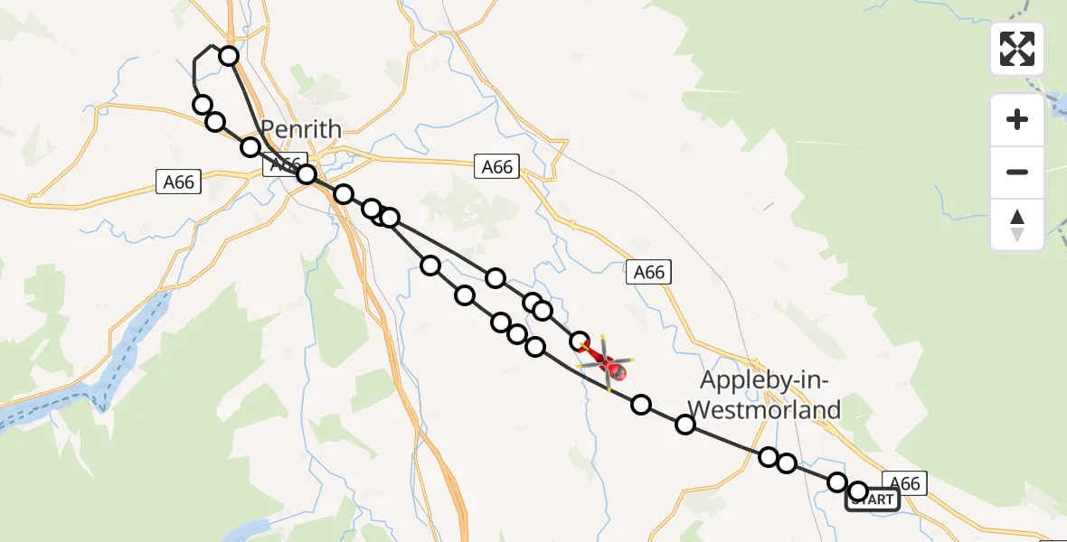 Flight path map showing Air Ambulance Helicopter route from Sandford to Kings Meaburn
