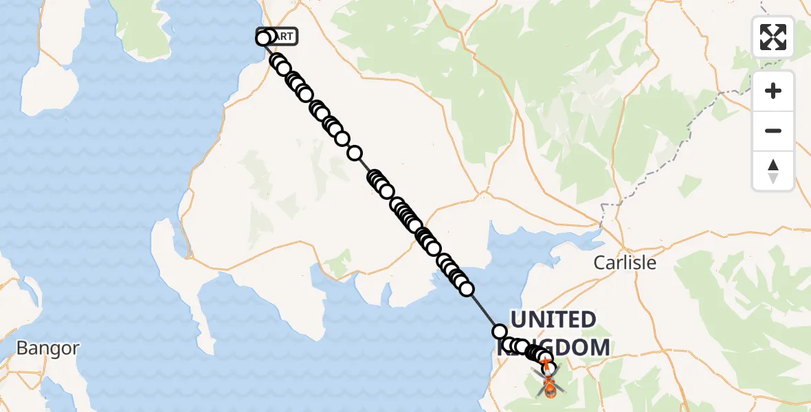 Flight path map showing Coastguard Helicopter route from Glasgow Prestwick Airport to Buttermere