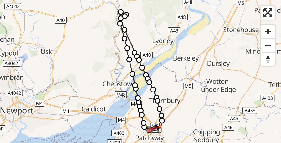 Flight path map showing Air Ambulance Helicopter route from Almondsbury Helicopter Base to Almondsbury Helicopter Base