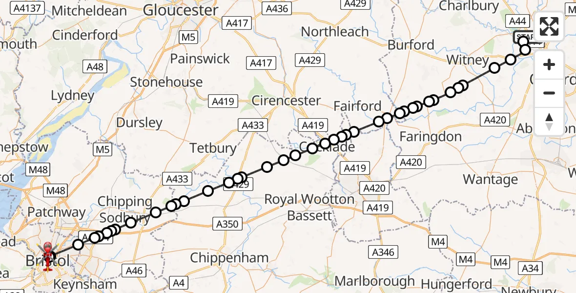 Flight path map showing Air Ambulance Helicopter route from Begbroke to Bristol Royal Infirmary