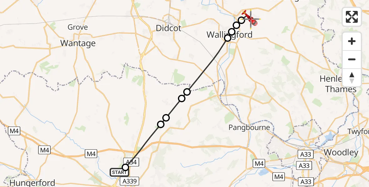 Flight path map showing Air Ambulance Helicopter route from Newbury to RAF Benson
