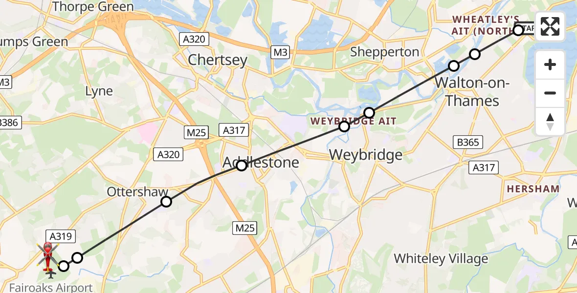 Flight path map showing Air Ambulance Helicopter route from Elmbridge to Fairoaks Airport