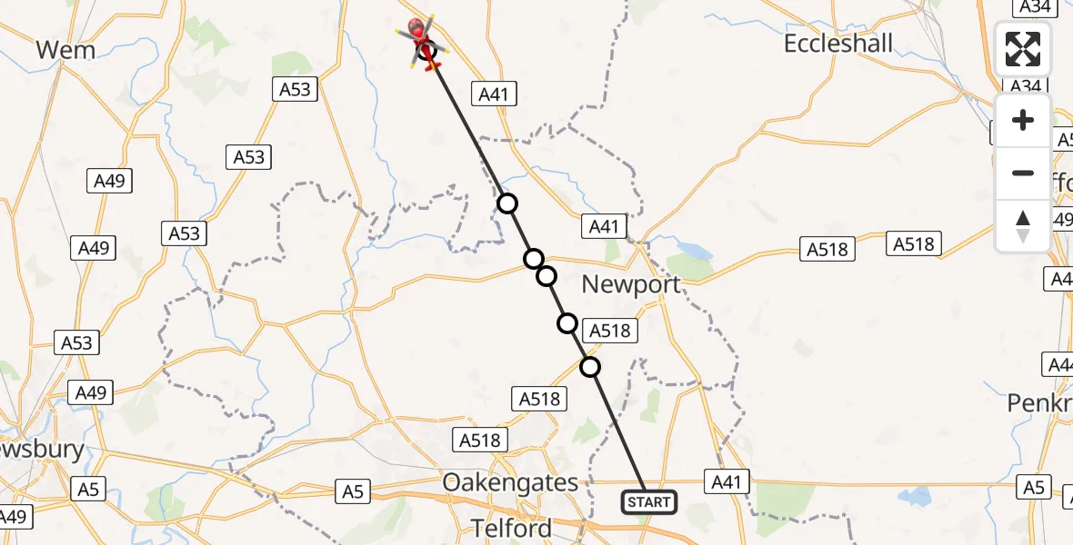 Flight path map showing Air Ambulance Helicopter route from Shifnal to Wistanswick