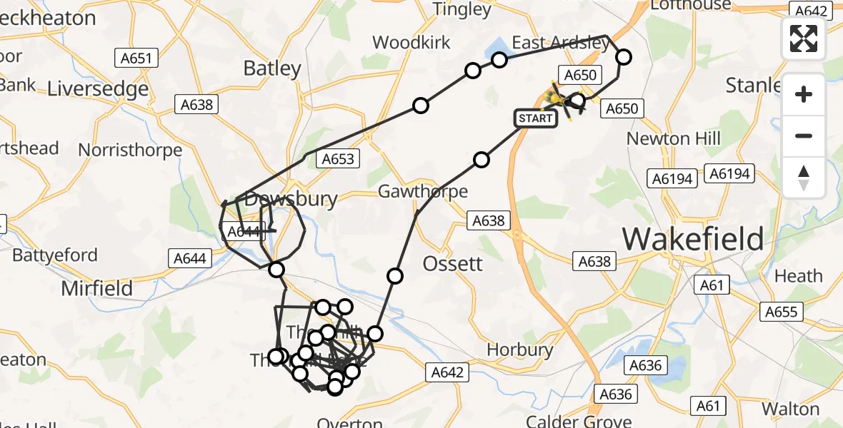 Flight path map showing Police Helicopter route from East Ardsley to East Ardsley
