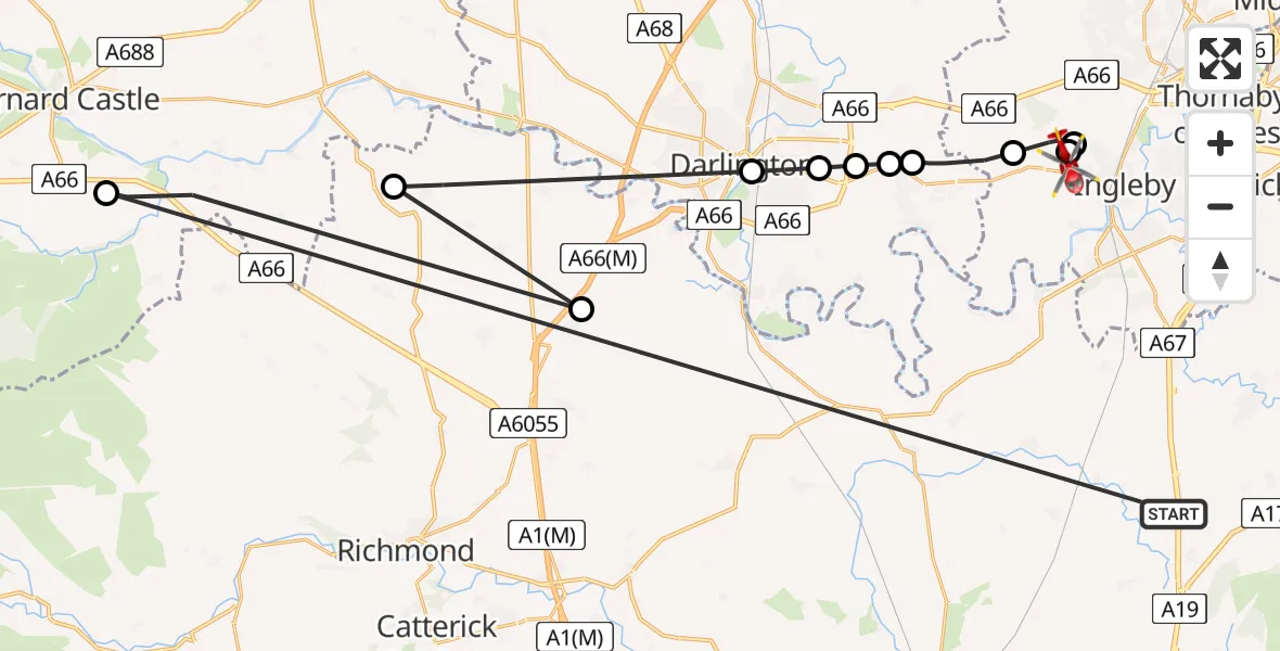 Flight path map showing Air Ambulance Helicopter route from Ingleby Arncliffe to Longnewton