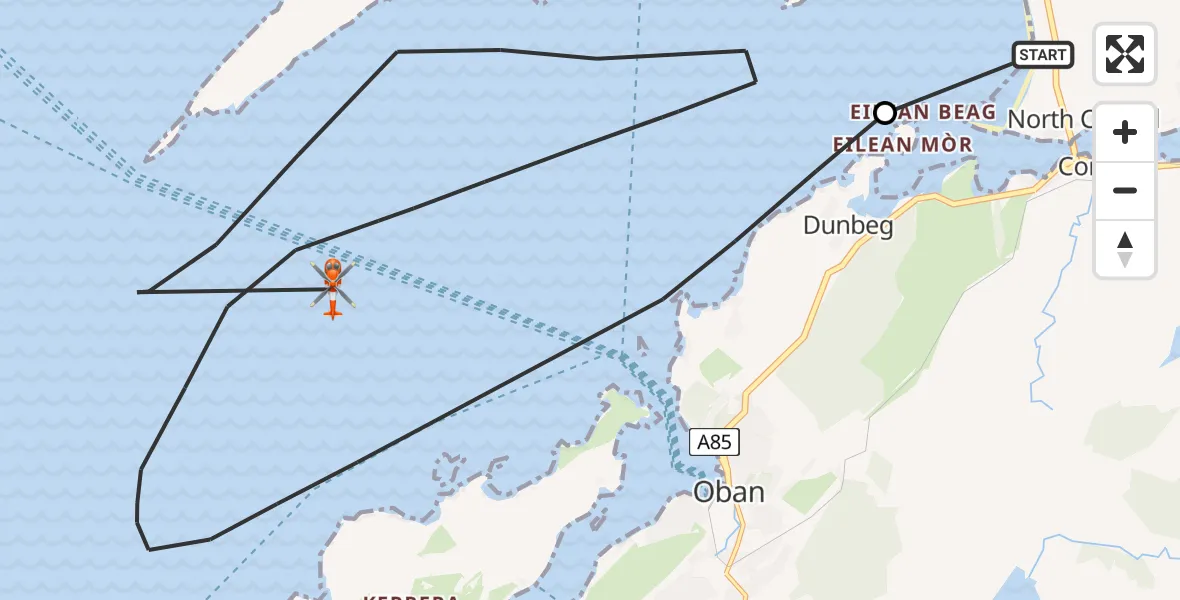 Flight path map showing Coastguard Helicopter route from Oban Airport to Inner Seas