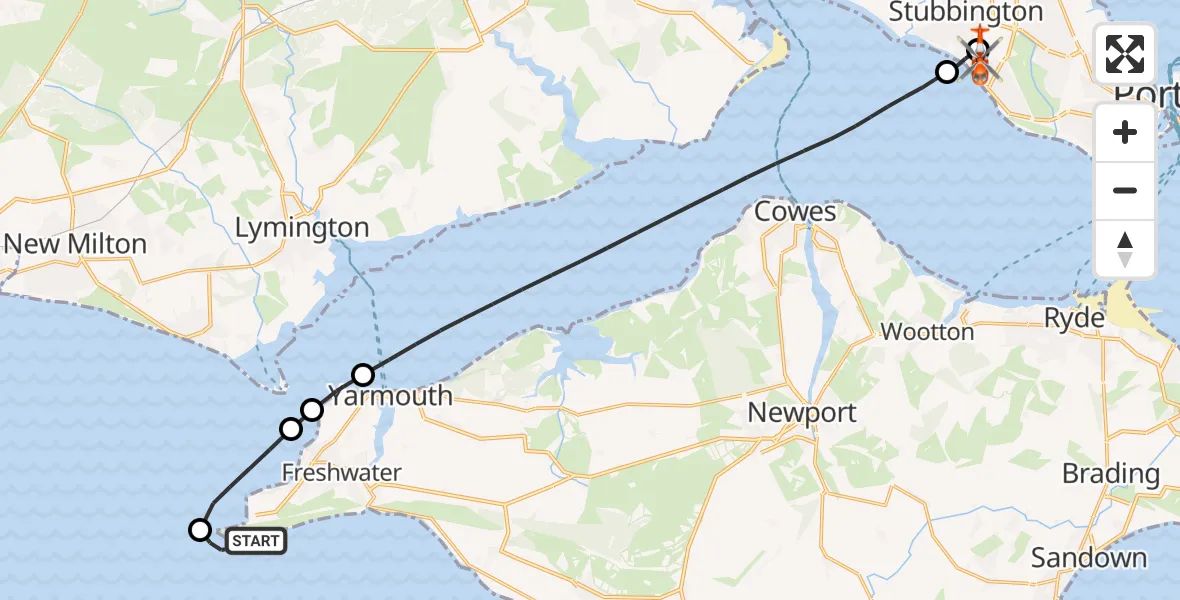 Flight path map showing Coastguard Helicopter route from Totland to Solent Airport