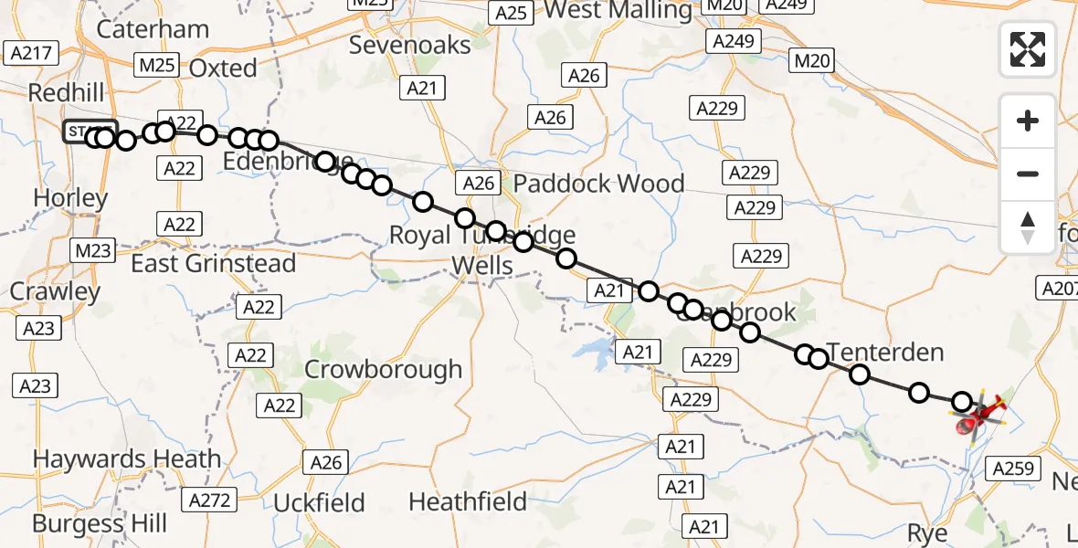 Flight path map showing Air Ambulance Helicopter route from Redhill Aerodrome to Appledore