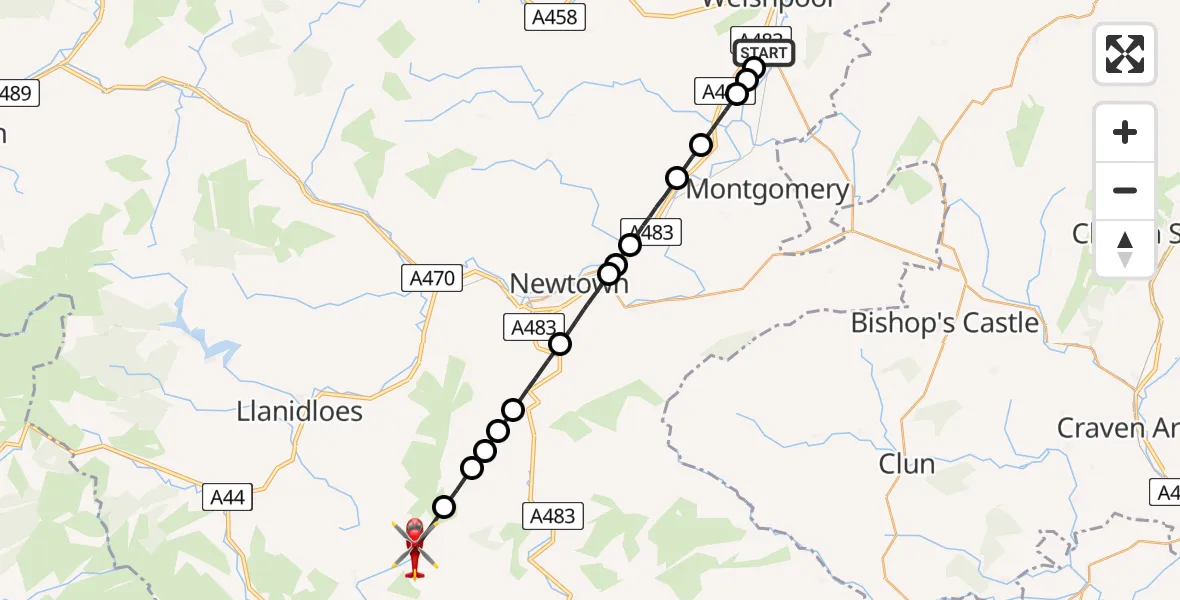 Flight path map showing Air Ambulance Helicopter route from Welshpool Airport to Powys