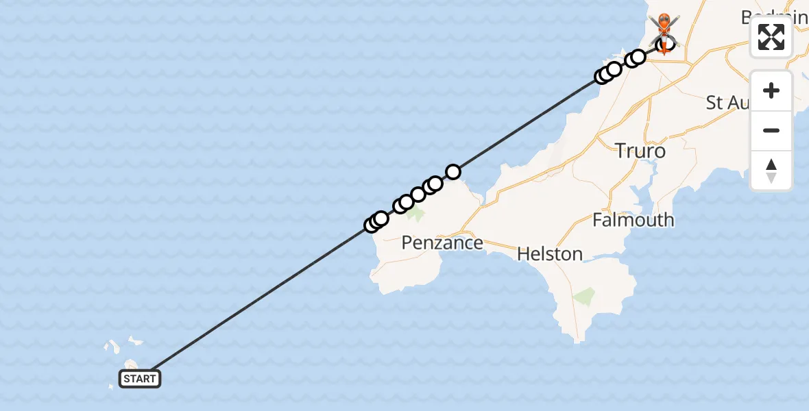 Flight path map showing Coastguard Helicopter route from North Atlantic Ocean to Cornwall Airport Newquay