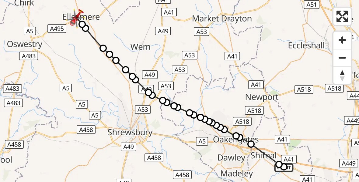 Flight path map showing Air Ambulance Helicopter route from RAF Cosford to Ellesmere
